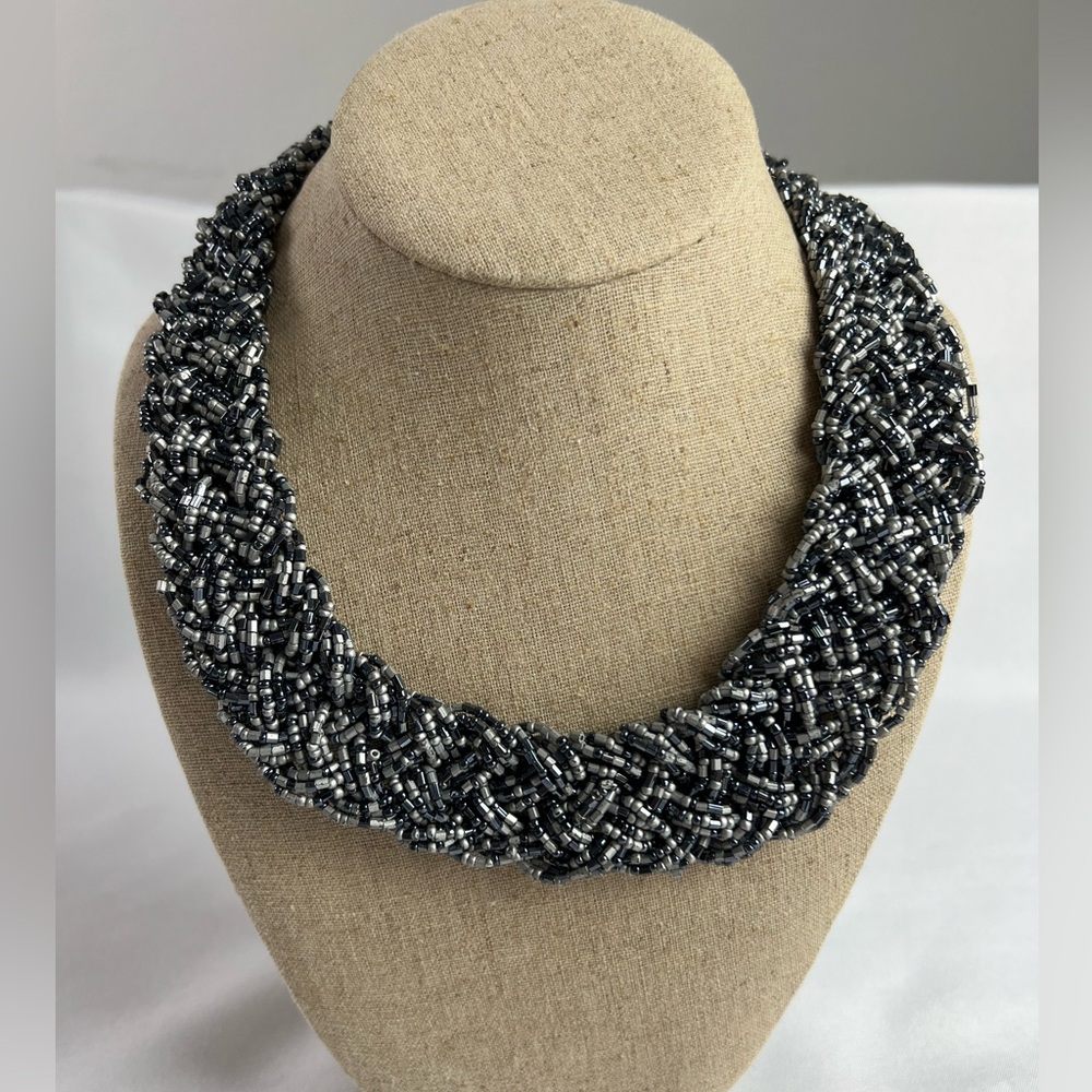 Black Blue Gray Seed Bead Collar Necklace Work Evening Party